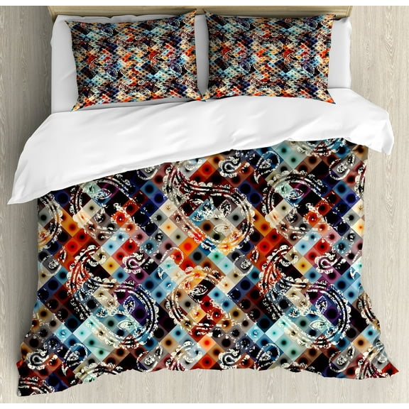 Modern Duvet Cover Set, Geometric Retro Design Background with Paisley Spots Like Art Print, Decorative 3 Piece Bedding Set with 2 Pillow Shams, Calking Size, Multicolor, by Ambesonne