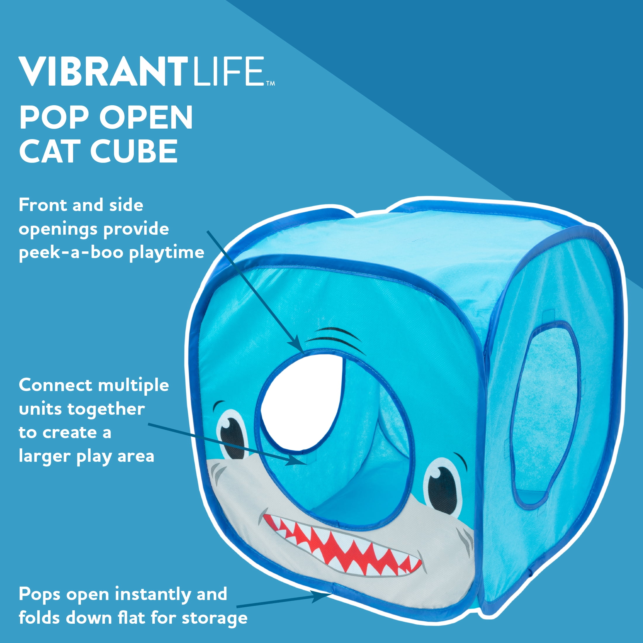 (3 pack) Vibrant Life Pop Open Shark Collapsible Cat House, Blue, 15"