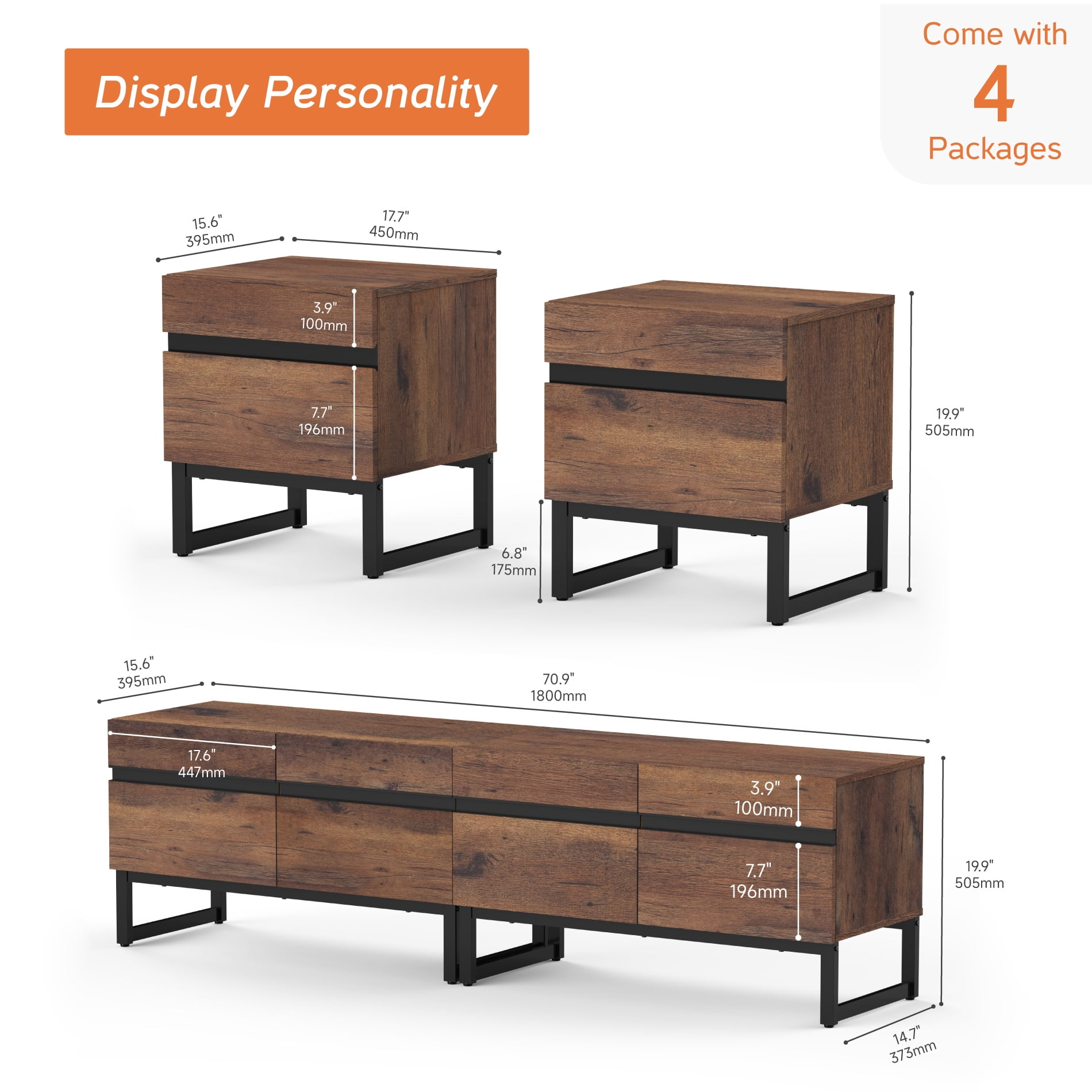 Modern 3-Piece Living Room Set, 71 Inch TV Stand And 2 End Table Sets With 2 Drawers, Media Console with Storage Shelves, Sturdy Wood Frame & Metal Legs, Contemporary Furniture for Living Room,Brown