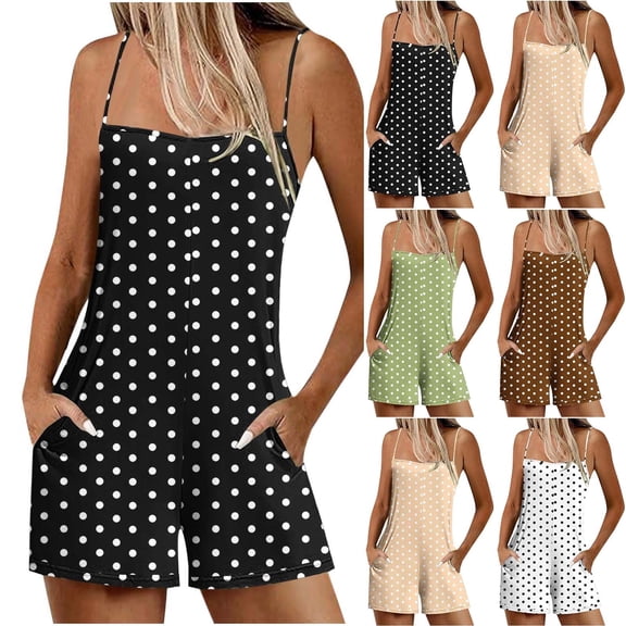 Gifts Dianli Jumpsuit Romper Polka Dot Womens Sleeveless Camisole Pocket Wide Leg Jumpsuit Shorts Polka Dot Print Pocketed Casual Summer Playsuit Jumpsuit Romper