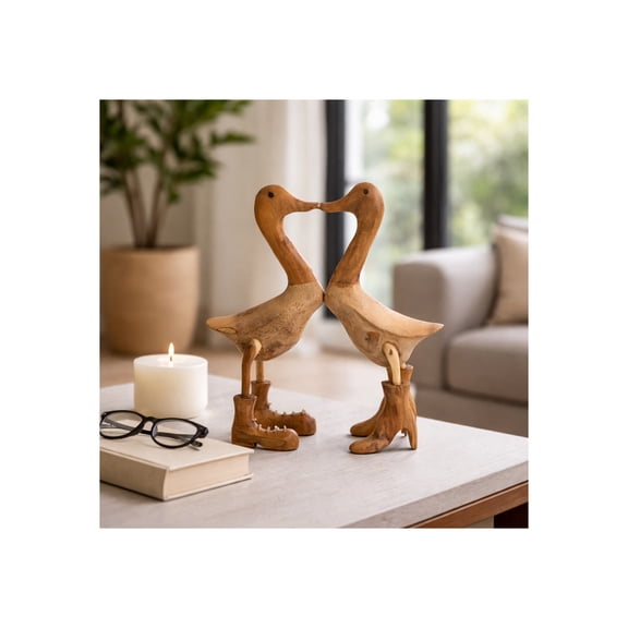 Love Ducks Figurine for Home and Bathroom Decor - Wooden Bamboo Sculptures for Shelf and Tabletop Display - Animal Accent with Boots for Living Room, Kitchen Counter, and Coffee Table - 18", Brown