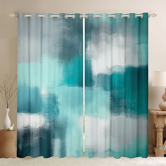 Manfei Abstract Watercolor Art Kitchen Curtains, Aesthetic Ombre Black Out Curtains Pack of 2 (42x63 Each), Teal White