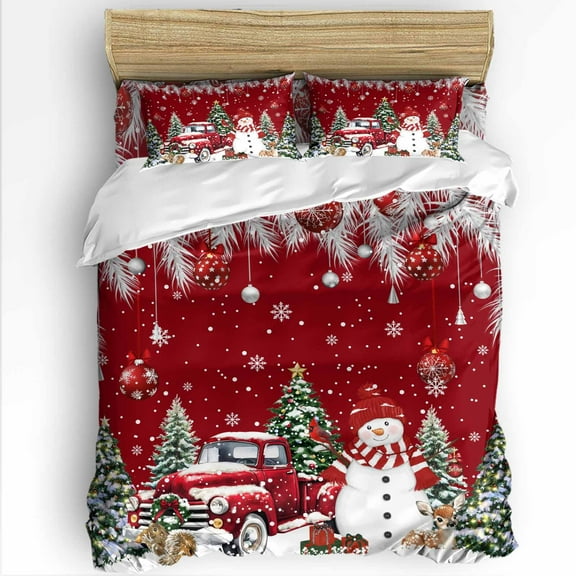 Winter Christmas Queen Size Comforter Set, Snowman Truck Christmas Ball Tree Red Soft Bedding for All Seasons, 4 Pcs Bed Set with 1Comforter (90"x92") ,1 Sheet(94"x116"), 2 Pillowcases (19"x29")