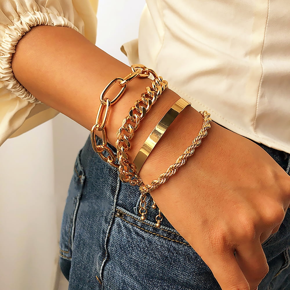 Alloy Thick Chain Bracelet Women Popular Fashion Simple golden