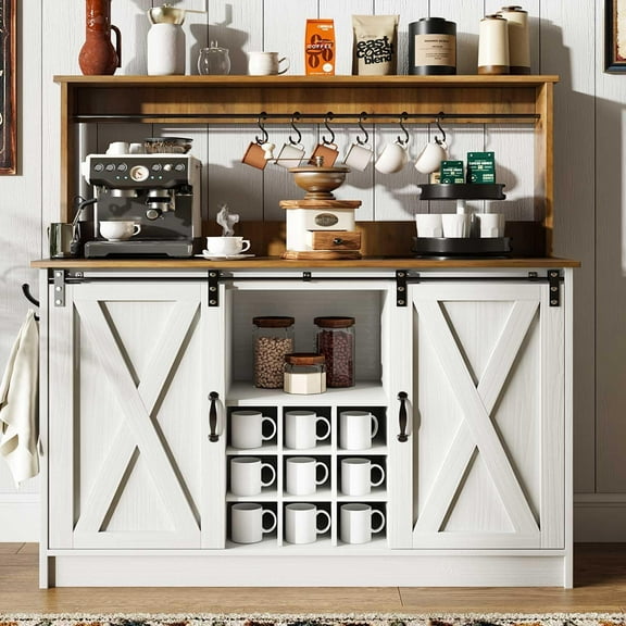 4ever2buy Farmhouse Coffee Bar Cabinet with Hutch, 47'' Kitchen Buffet Cabinet with 9 Wine Racks and 6 Hooks, Coffee Bar with Sliding Barn Door, White