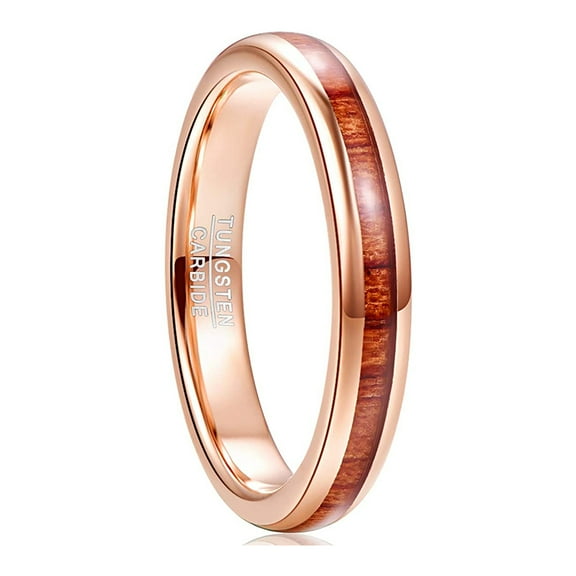 NUNCAD 4mm Rose Gold Tungsten Carbide Ring Hawaiian Koa Wood Inlay Polished Wedding Band