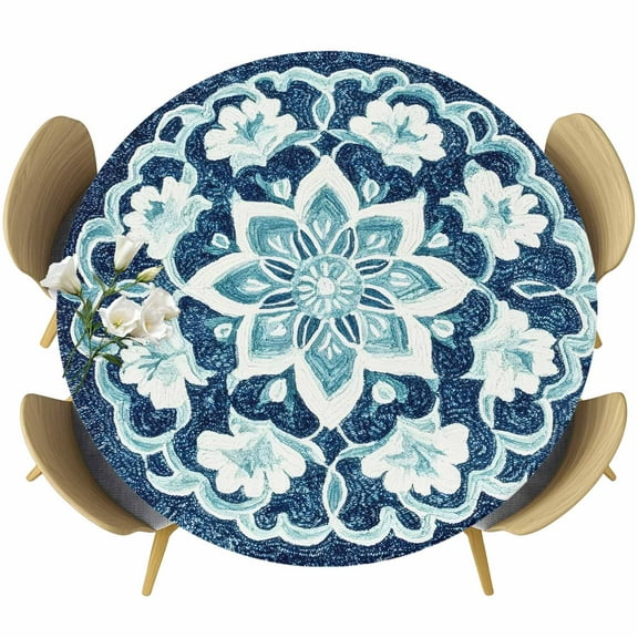 Teal Navy Blue Boho Round Tablecloth 55-60 Inch Round Fitted Table Cloth with Elastic Edge, Vintage Ethnic Floral Southwestern Waterproof Table Cover Protector for Outdoor Picnic Party Dining