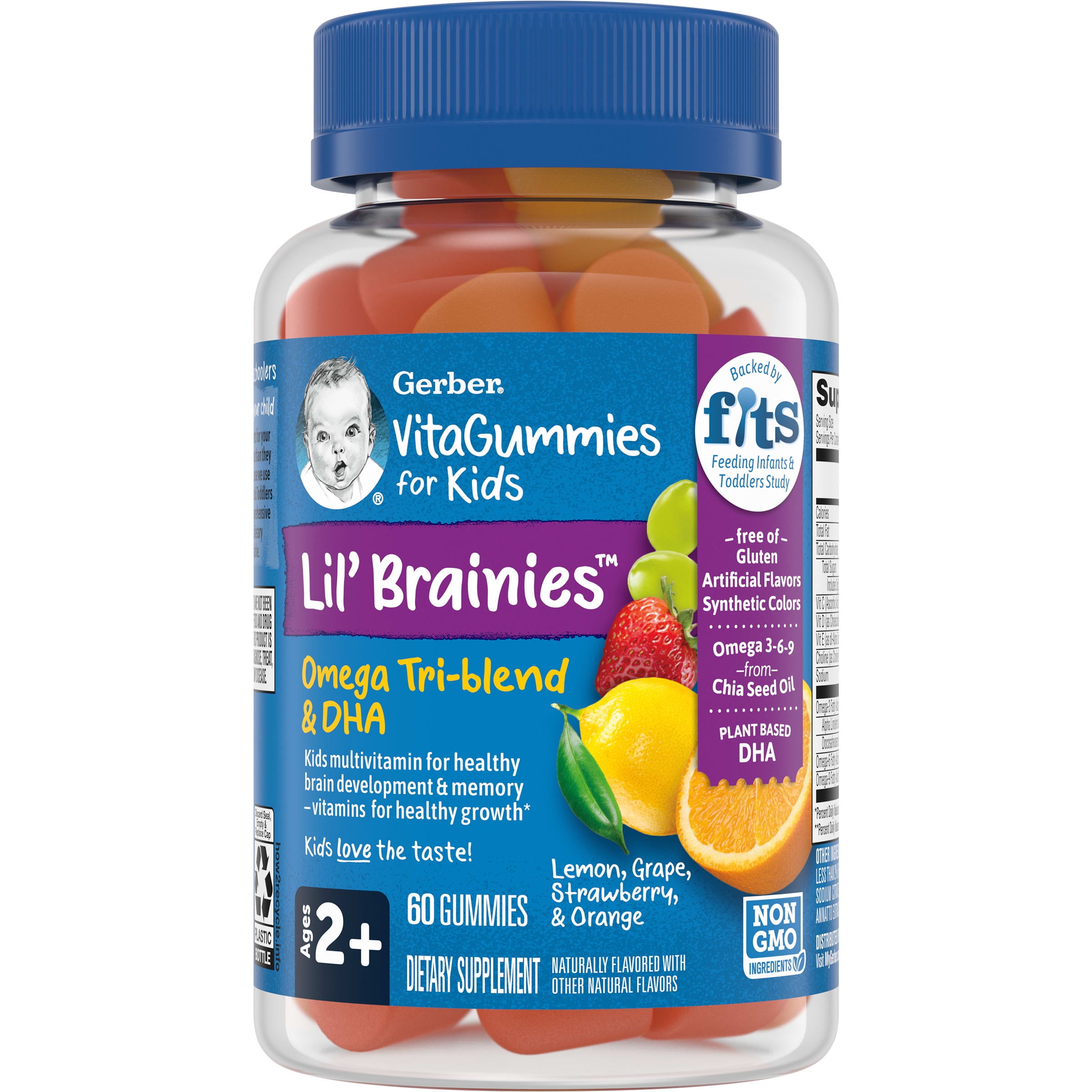 Gerber Lil' Brainies Omega Tri-Blend & DHA Gummies Kids Multivitamin, 60 ct Bottle