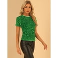 thumbnail image 2 of Blusa de fiesta Allegra K de manga corta con cuello redondo y lentejuelas de terciopelo Verde L, 2 of 6