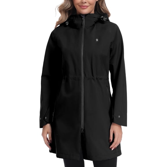 Little Donkey Andy Women's Raincoat Waterproof Long Trench Coat with Hood Windbreaker Jacket for Outdoor Classic Black XS
