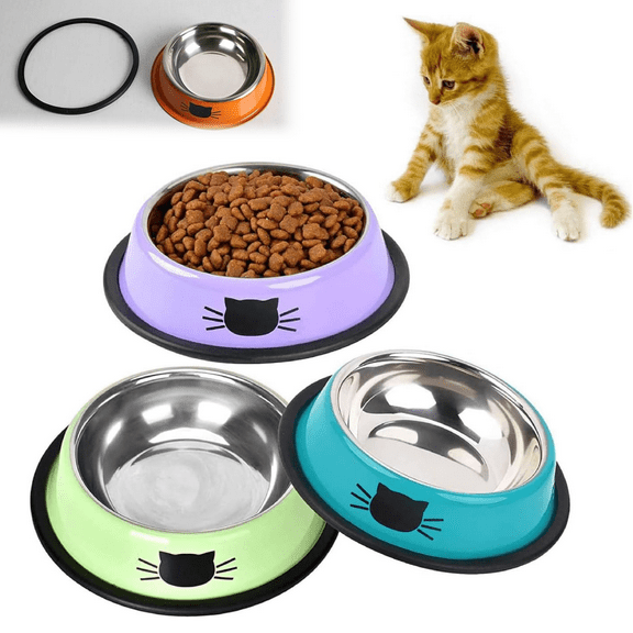 3pcs Cat Bowls, Stainless Steel Colorful Cat Food Bowl, Non-slip Pet Water Bowl, Puppy Feeding Bowl, Silent Metal Cat Bowl