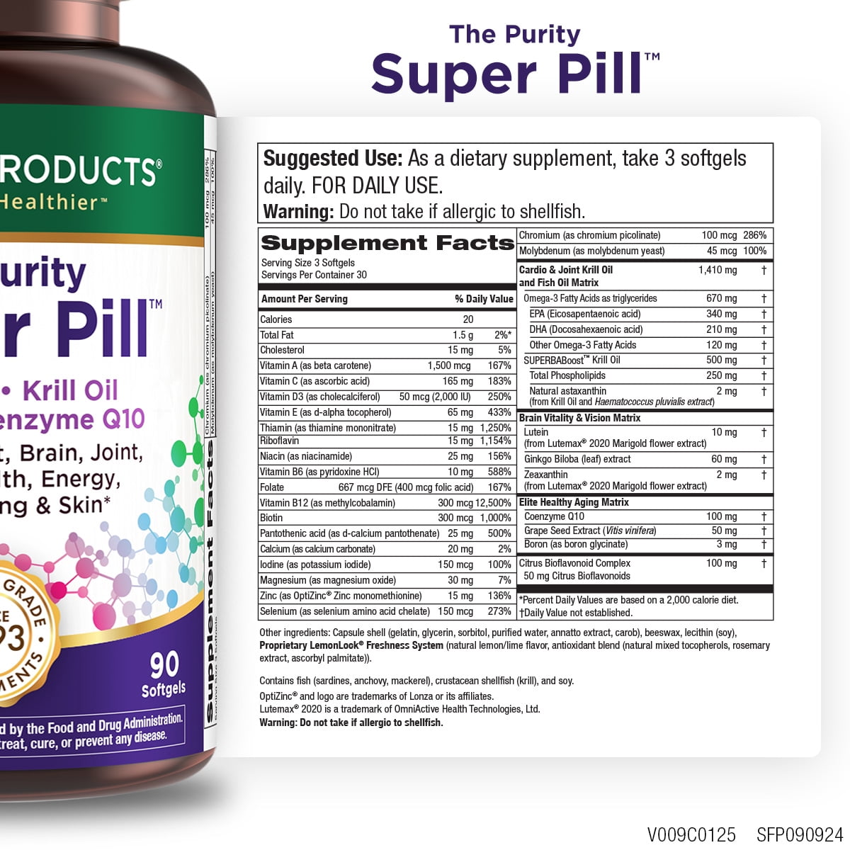 Purity Super Pill - Purity Products - Elite Multi + Krill Oil + Fish Oil - Vitamins + Minerals, CoQ10, Lutein - 6 Advanced Formulas in 1 Supports Healthy Brain, Joints, Heart + More - 90 Ct.