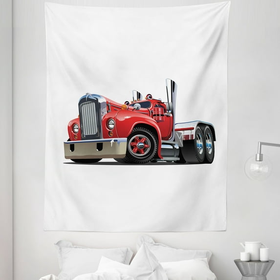 Trucks Tapestry, Retro Style Cartoon Illustration of Machine Like Vehicle Driving, Fabric Wall Hanging Decor for Bedroom Living Room Dorm, 5 Sizes, Vermilion Dark Grey and White, by Ambesonne