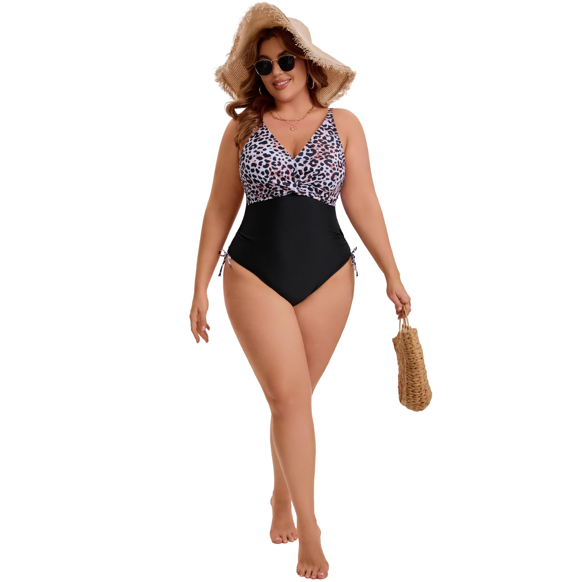 DARING DIVA Women's Plus Swimsuit with V Neck and Adjustable Push Up Design 3X Black