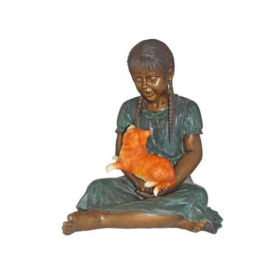 Nifao Girl Holding Her Cat Bronze Statue, Green, Orange Finish – Home Decor Sculpture, 23"L x 20"W x 24"H