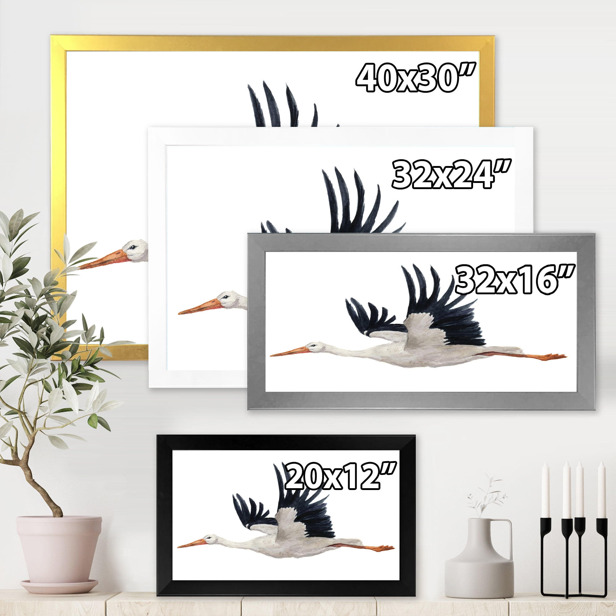 Designart 'White Stork Ciconia Flying Bird ' Traditional Framed Art Print
