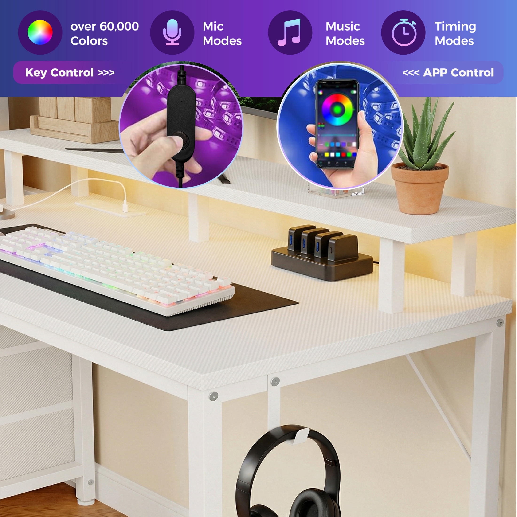 edx 59" Gaming Desk, USB Ports & LED Lights, Reversible Table with Monitor Stand for Home Office, Carbon Fiber White