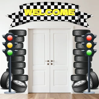 JOYMEMO Large Race Car Birthday Yard Banner - 9.8x1.6ft Retro Pastel, Outdoor/Indoor Party Decorations