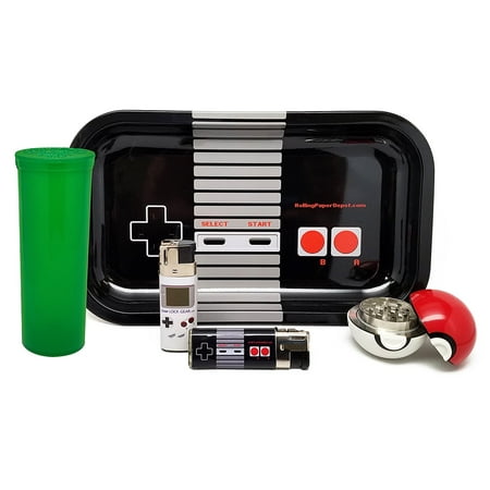 Home Depot Molding - Bundle - 5 Items - Rolling Paper Depot Controller Rolling Tray with Ball Grinder, Leaf Lock Video Game Lighters and Green