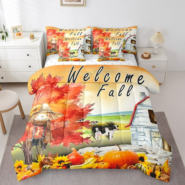 YST Fall Autumn 7-Piece Comforter Set, Cartoon Scarecrow and Maple Leaves, King Size