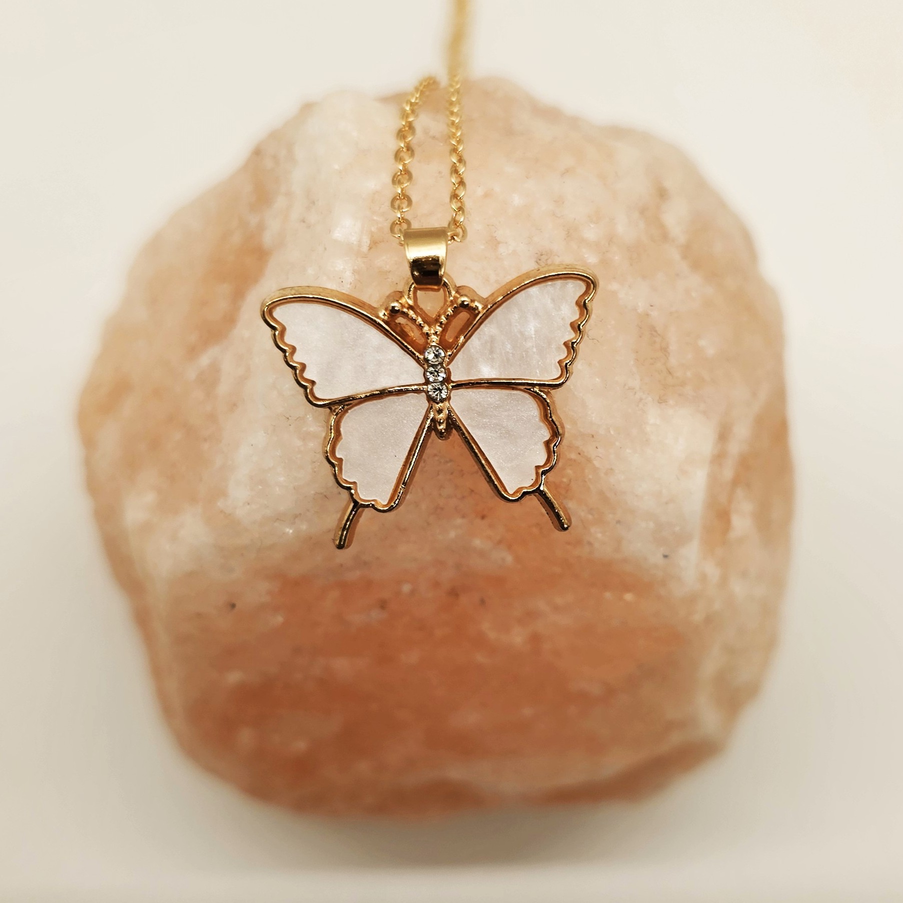 Light Pink Enamel Butterfly Necklace, Gold Tone