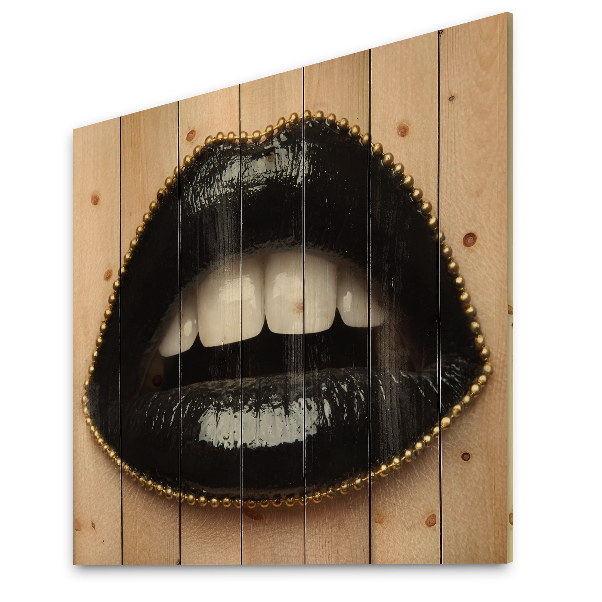 Designart 'Woman Lips With Black Lipstick & A Gold Chain' Modern Print on Natural Pine Wood