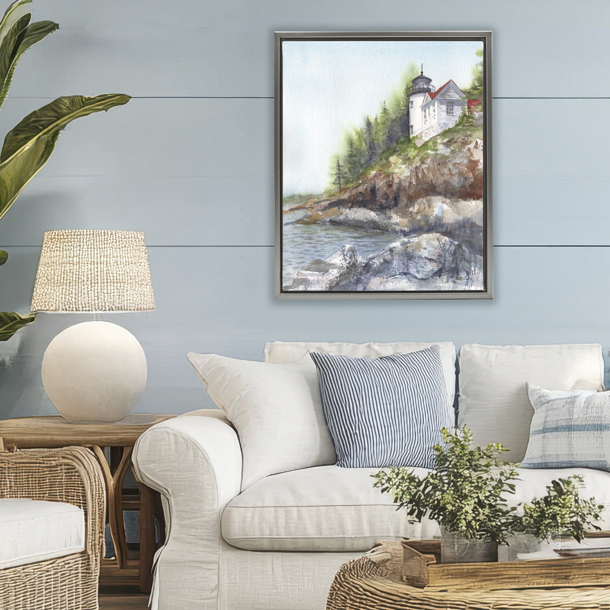 Stupell Industries Bass Harbor Lighthouse Gray Framed Floater Canvas Wall Art, design by Patti Bishop
