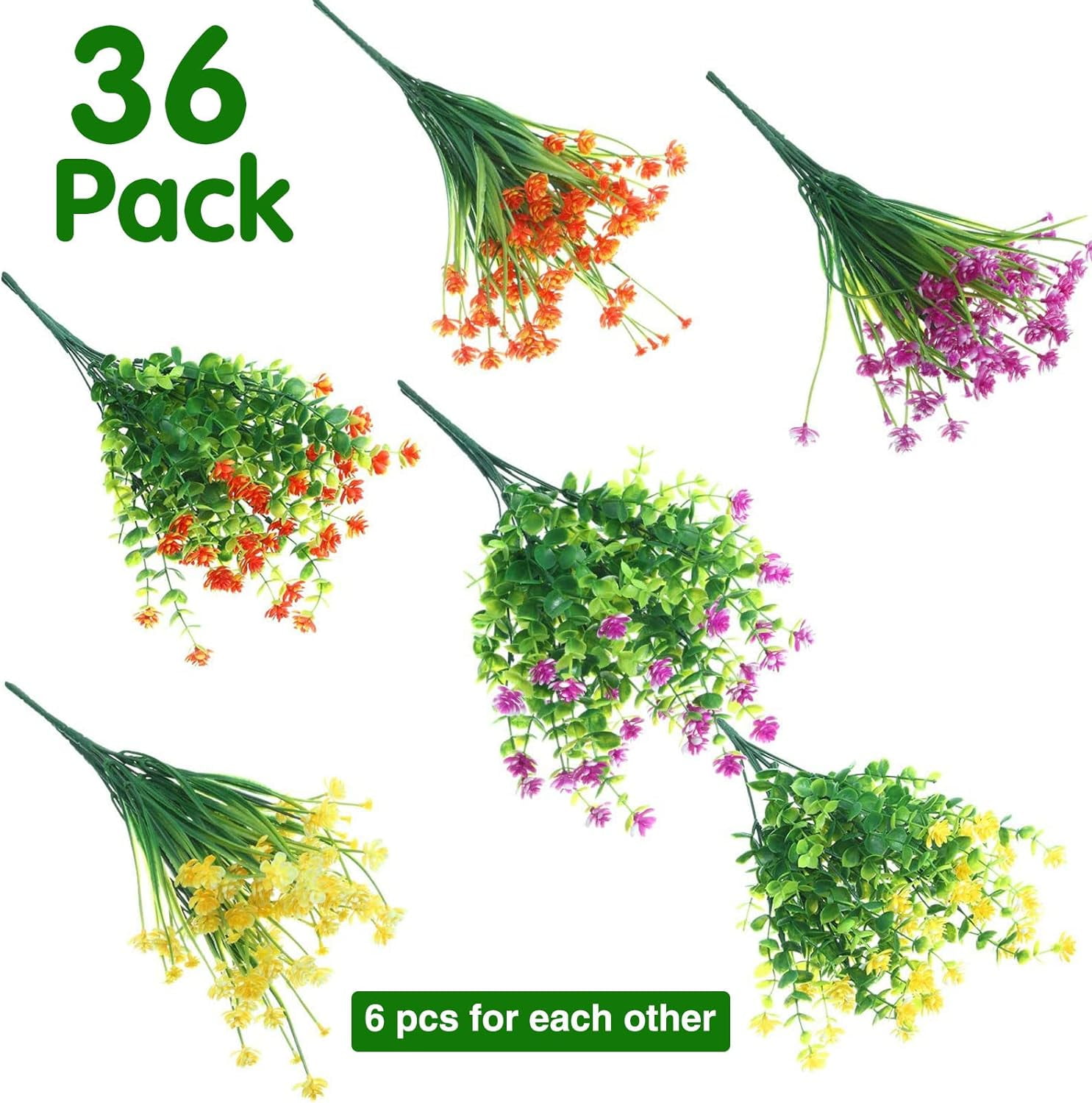 36 Bundles Artificial Flowers Outdoor, UV Resistant Faux Artificial Plants Shrubs Flower Bulk for Hanging Planter Porch Window Home Wedding Spring Summer Decor (Bright Colors)
