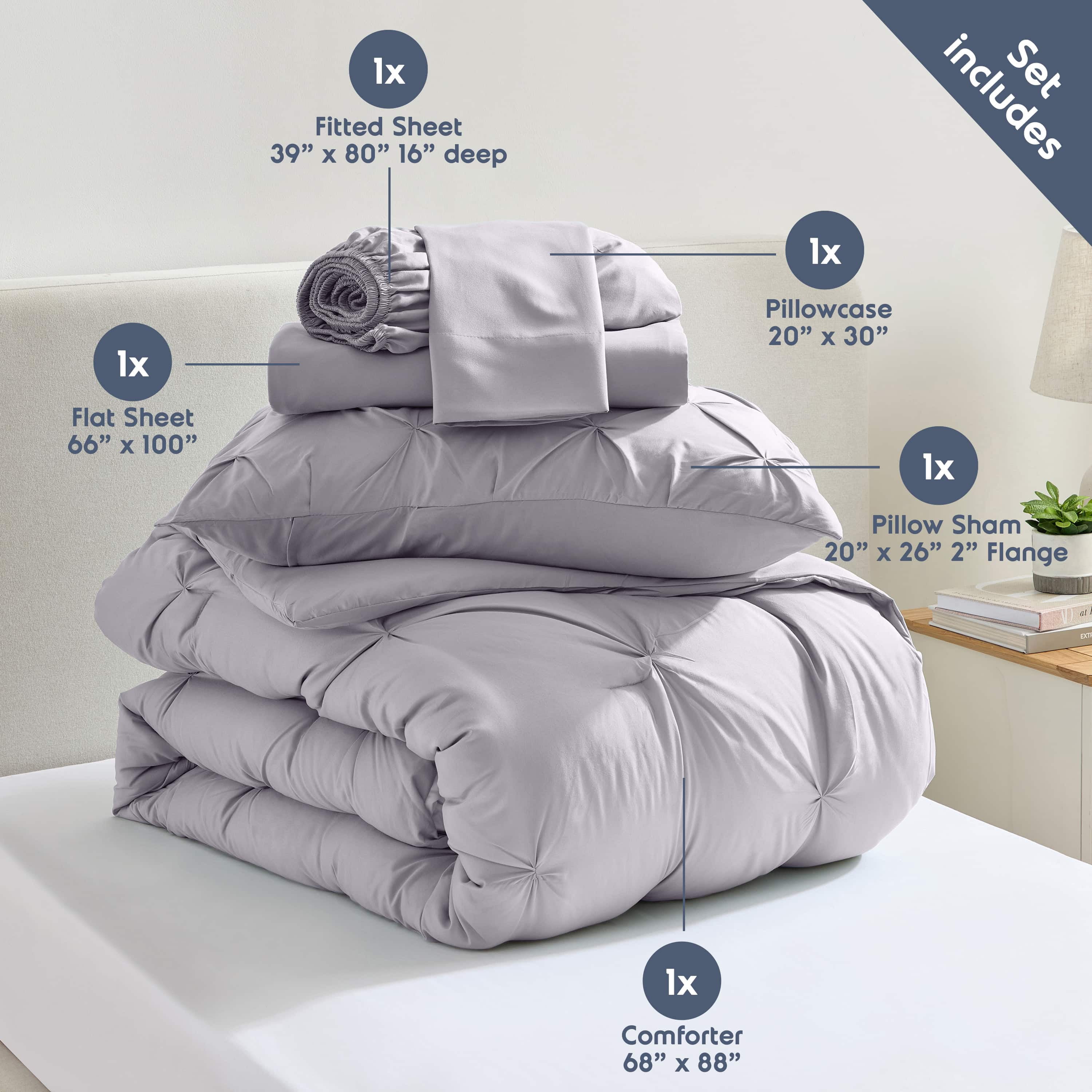 LammaLoe Twin XL Comforter Sets, 5 Piece Bed In A Bag Pintuck Bedding Sets, Grayish Lavender