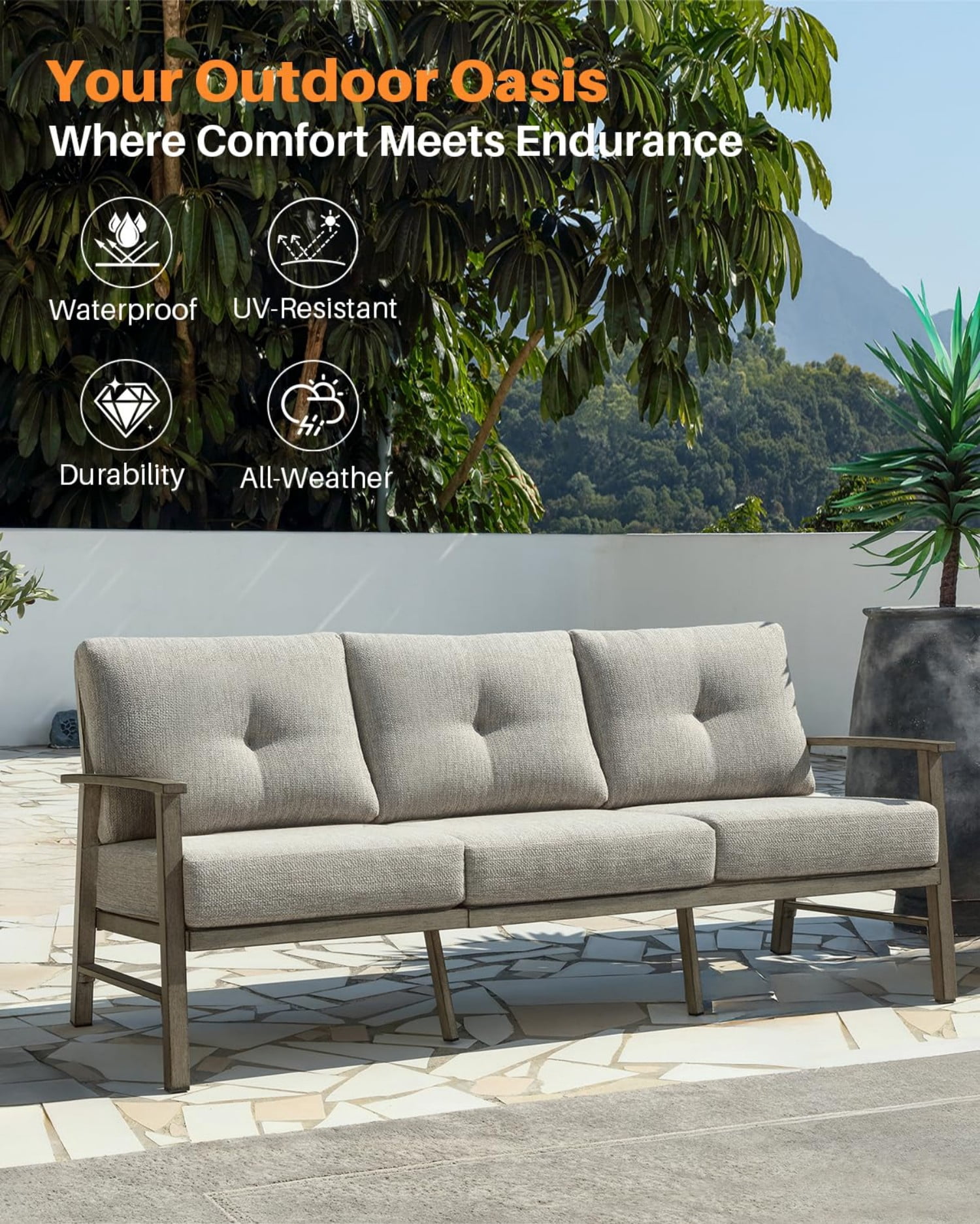 3-Seater Outdoor Patio Sofa, Aluminum Outdoor Couch with 5.9" Thick Cushions, All-Weather Patio Furniture Sofa for Backyard, Balcony, Poolside, Lawn, Dark Gray