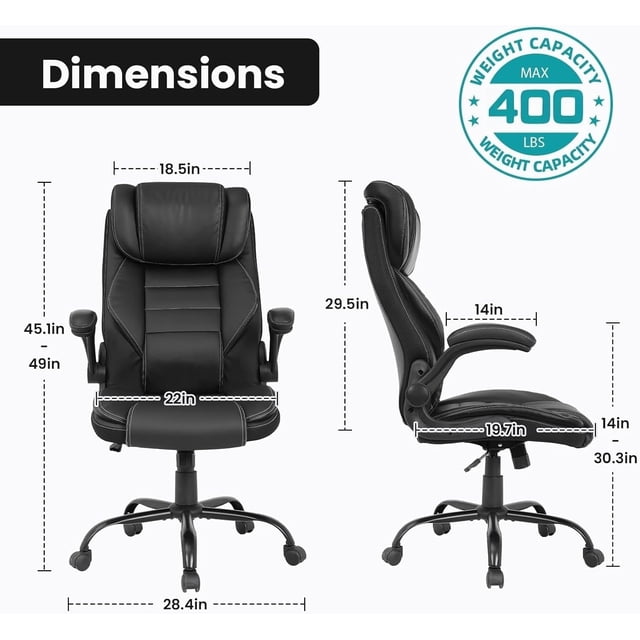 OUYAWEI Leather Office Chair Reclining Desk Dual Spring Cushion Ergonomic Back Lumbar Support Adjustable Headrest Black