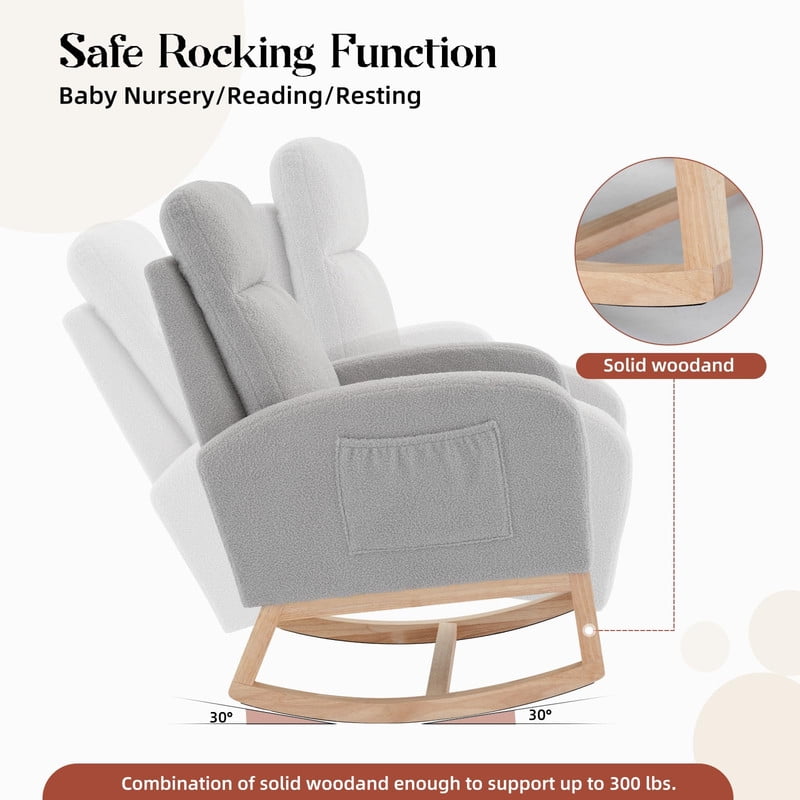 Towallmark Nursery Glider Chair, High Back Rocking Chair with Side Pocket, Rubber Wood Legs Accent Armchair for Living Room Bedroom Nursery, Light Gray