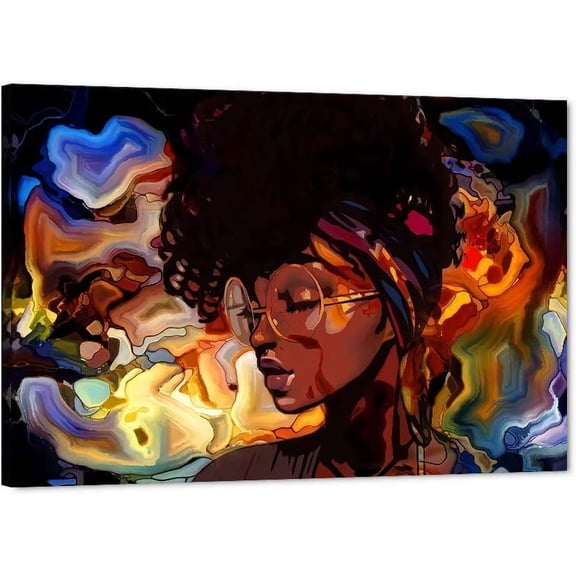 WFSposter-Abstract Wall Art African American Girl Painting Canvas Abstract Graffiti Style Picture Wall Decor for Living Room Bedroom Stretched and Framed Ready to Hang