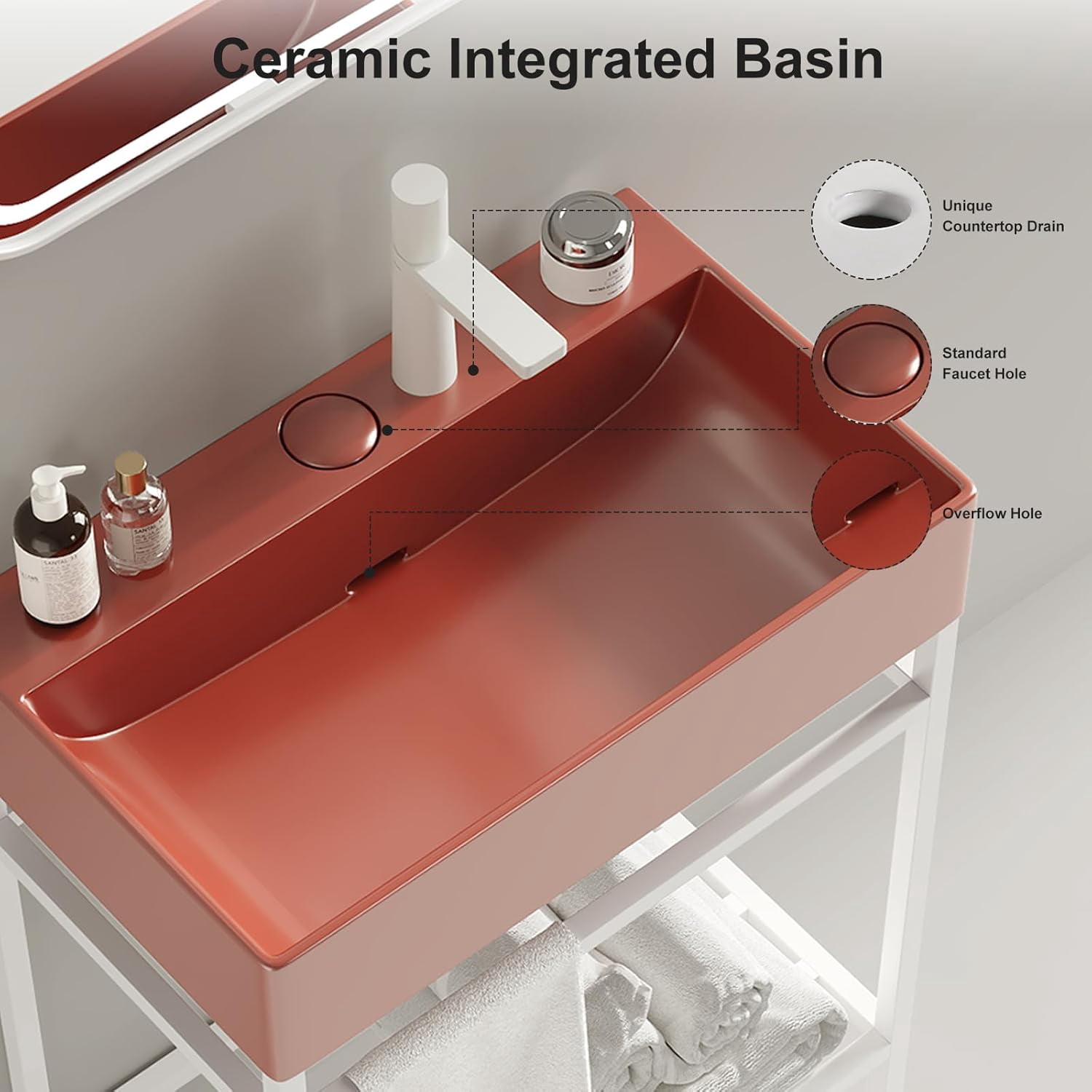24 Inch Bathroom Vanity with Ceramic Basin, Freestanding Bathroom Console Sink Set, Red Rectangular Integrated Basin Without Faucet, Gold Open Metal Leg, Storage Shelves, Pop Up Drain