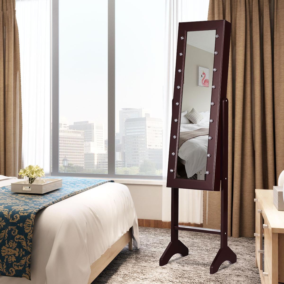 Giantex Jewelry Cabinet Box Armoire Organizer with 18 LED, Standing for Home Bedroom 16 Lipstick Holder 1 Inside Makeup Mirror Full Lights, Large Storage Mirrored Cabinets Jewelry Armoires (Brown)