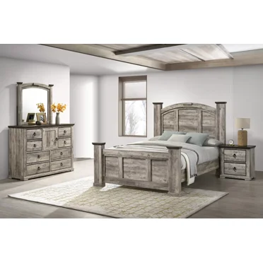 Rustic Gray Poster Queen Size 5pc Bed Set Storage Wooden Bedroom Furniture
