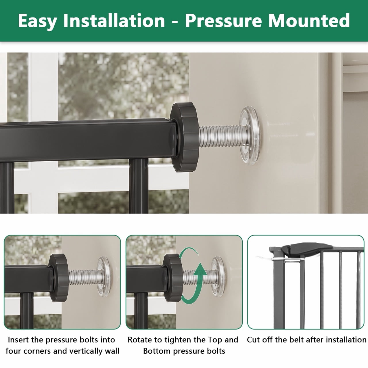 29.5-44.1 in Wide Pressure Mounted Dog Gate for Stairs and Doorways, No Drill Walk-Through Metal Pet Gate, Black