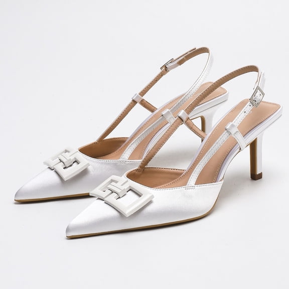 On feet& in love Women's Pointed Toe Slingback Heels with Geometric Buckle - White PU Leather Dress Pumps for Party & Wedding - Size 5.5