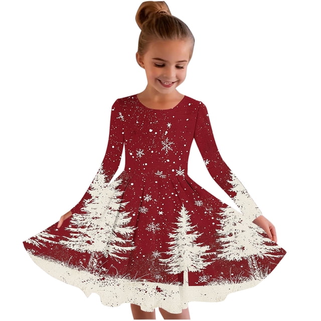 RXMEKW Robe Patineuse de Noël Imprimée pour Filles à Manches Longues à Col Rond Robe Tournoyante pour Récital et Fête pour l'École des Fêtes et les Événements Festifs
