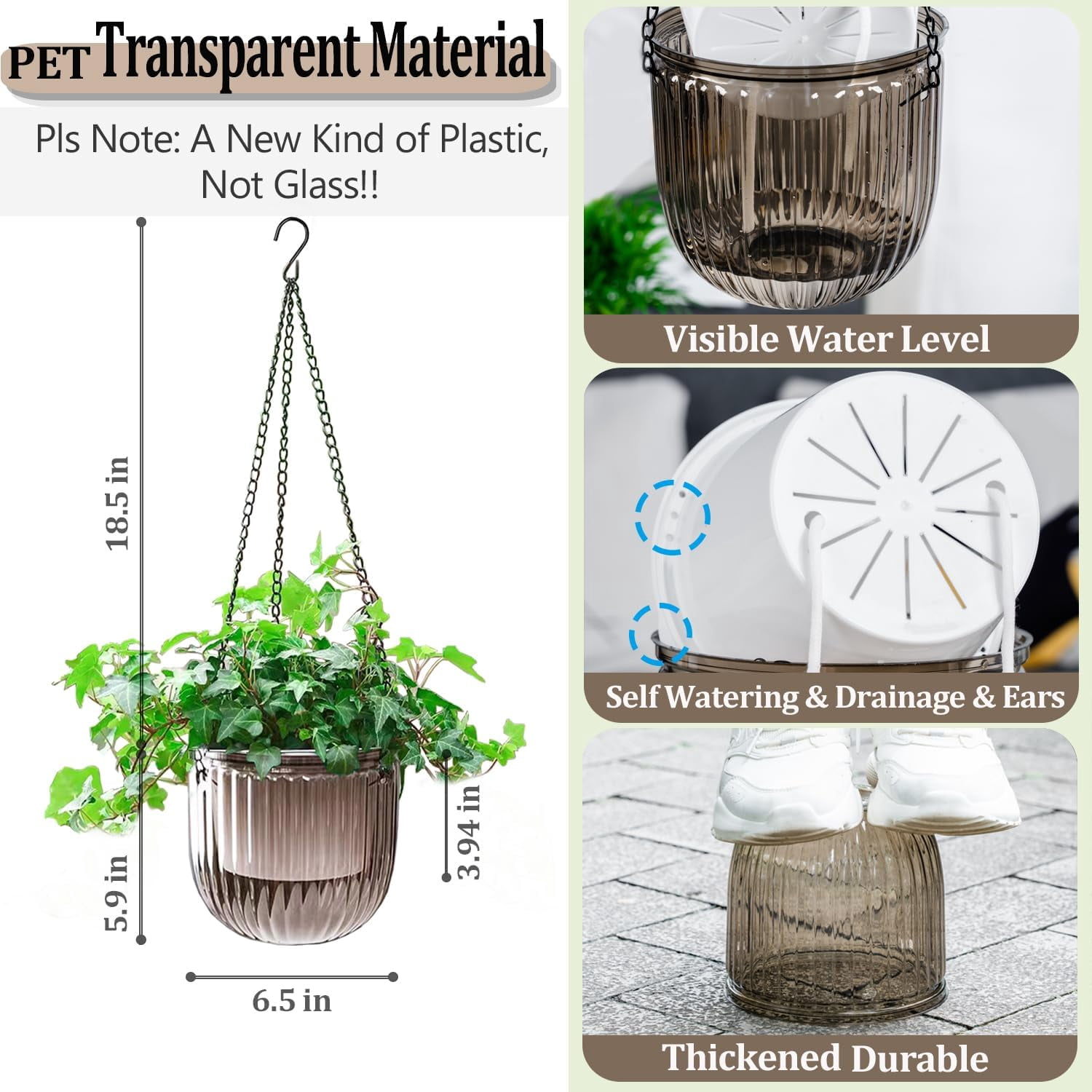 2 Pack Self Watering Hanging Planters Indoor Flower Pots, 6.5 Inch Outdoor Hanging Basket, Plant Hanger with Hooks Drainage Holes for Garden Home