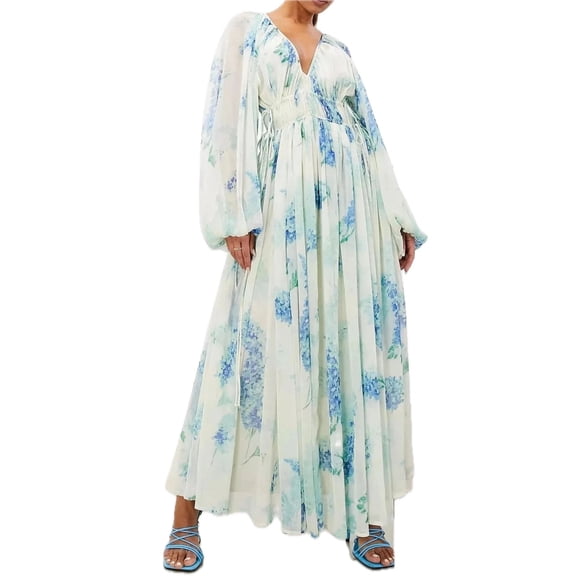 Women's Floral Bohemian Maxi Dress with Balloon Sleeves Tiered Smocked Drawstring 75% Polyester 25% Chiffon Elegant