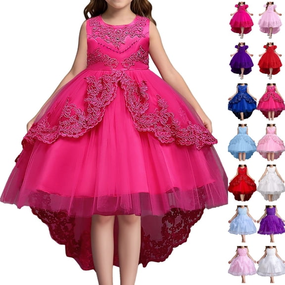 Bmisegm Girls Dress Solid Color Lace Sleeveless Knee Length Wedding Puffy Gown for Children Party Long Floral Dress 02_Hot Pink,14-15 Years