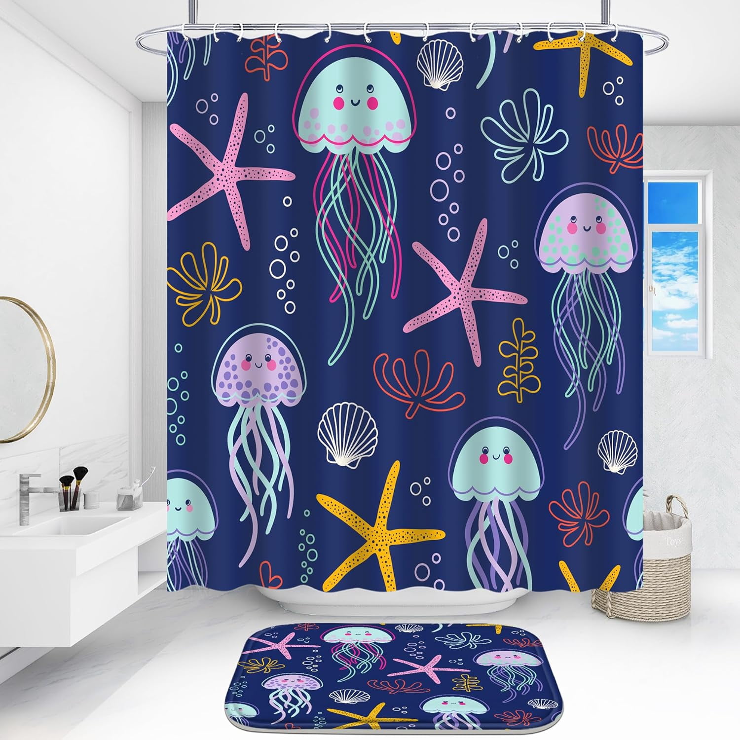 4 Pcs Bathroom Shower Curtain Set,Kid's Bathroom Set,Baby Octopus Shower Curtain Sets with Rugs(Bath Mat,U Shape and Toilet Lid Cover Mat) and 12 Hooks