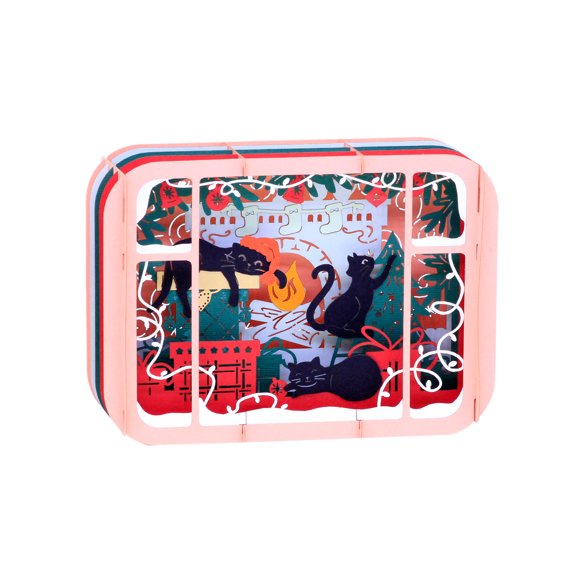 Christmas Holiday Night with Cats 3D Pop Up Greeting Card, Handmade Pop Up Greeting Cards For Christmas, Holidays, Congratulations, Noel, Xmas | 5" x 7" Includes Envelope and Note