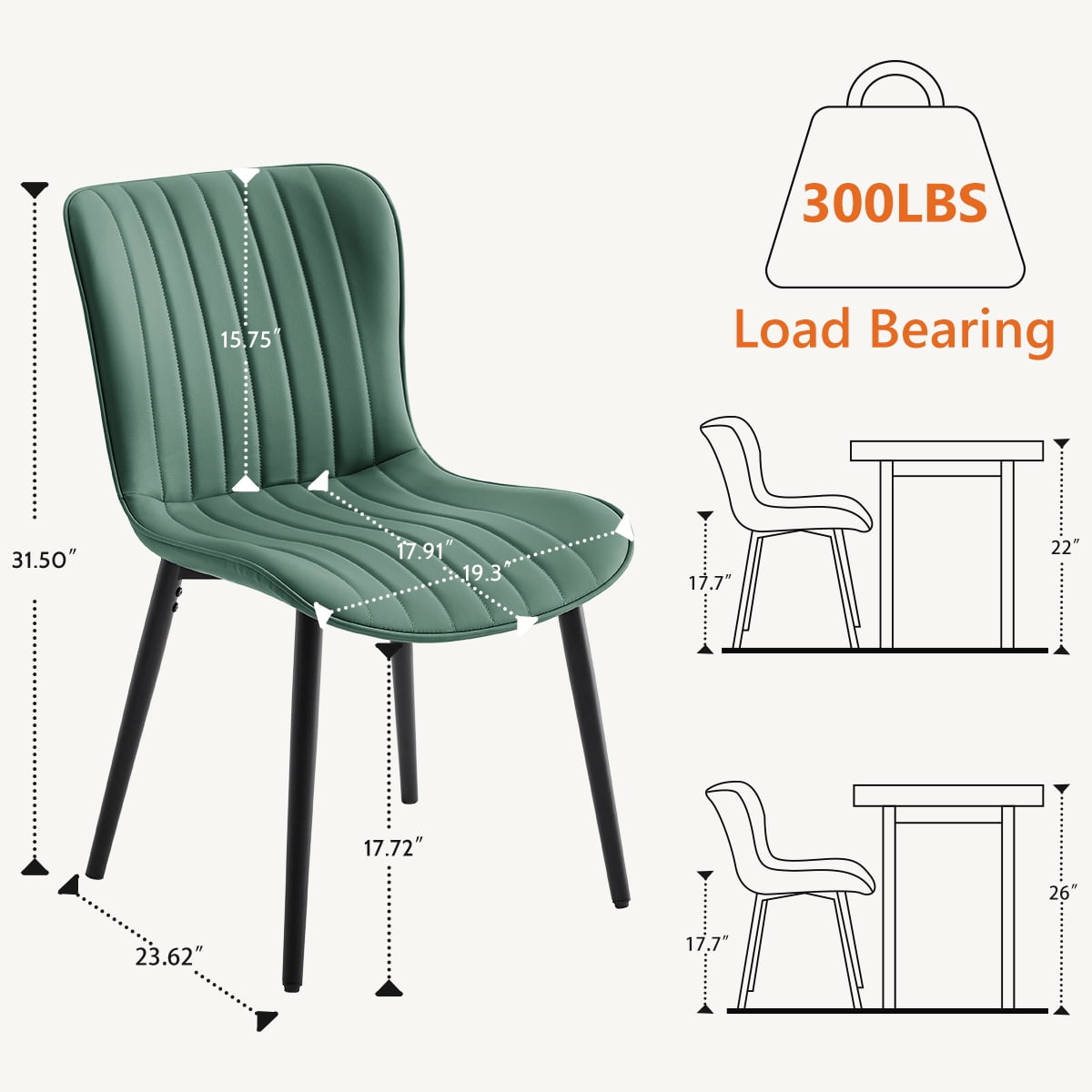 Modern Dining Chairs Set of 2, PU Leather Upholstered Kitchen Side Chairs with High Backrest, Heavy Duty, Cushions & Durable Metal Legs with Adjustable Feet for Kitchen, Dining Room,Restaurant,Green