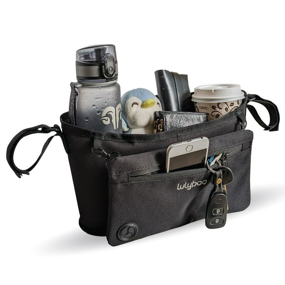 Lulyboo Universal Baby Stroller Organizer with Clip On Removable Wallet, Pockets for Drinks, Toys, Keys, Phone, Baby Accessories, Fits Most Strollers Gray/Black