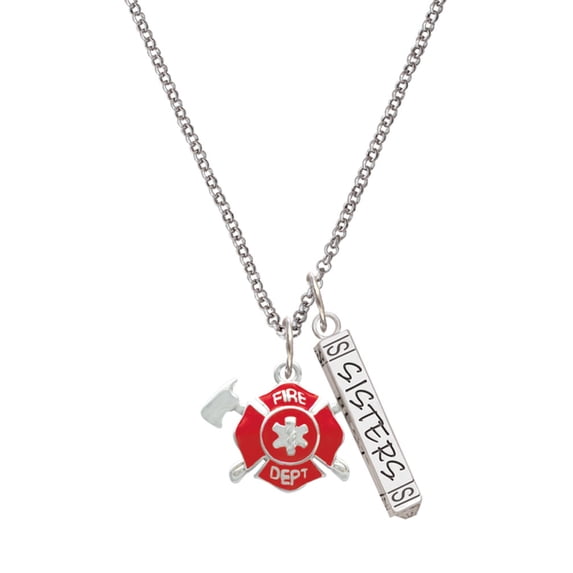Delight Jewelry Silvertone Red Fire Department Shield with Axes Silvertone Sisters Best Friends Forever Bar Charm Necklace, 23"