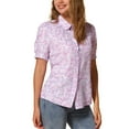 thumbnail image 4 of INSPIRE CHIC Women's Peter Pan Collar Blouse Floral Puff Short Sleeve Contrast Trim Button Down Top L Light Purple, 4 of 6