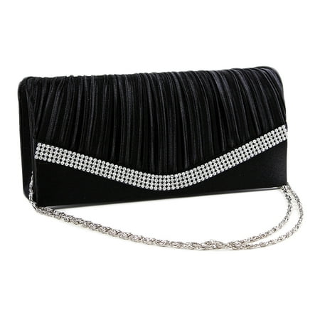 Chicastic Black Pleated Satin Wedding Evening Bridal Clutch Purse With Rhinestones