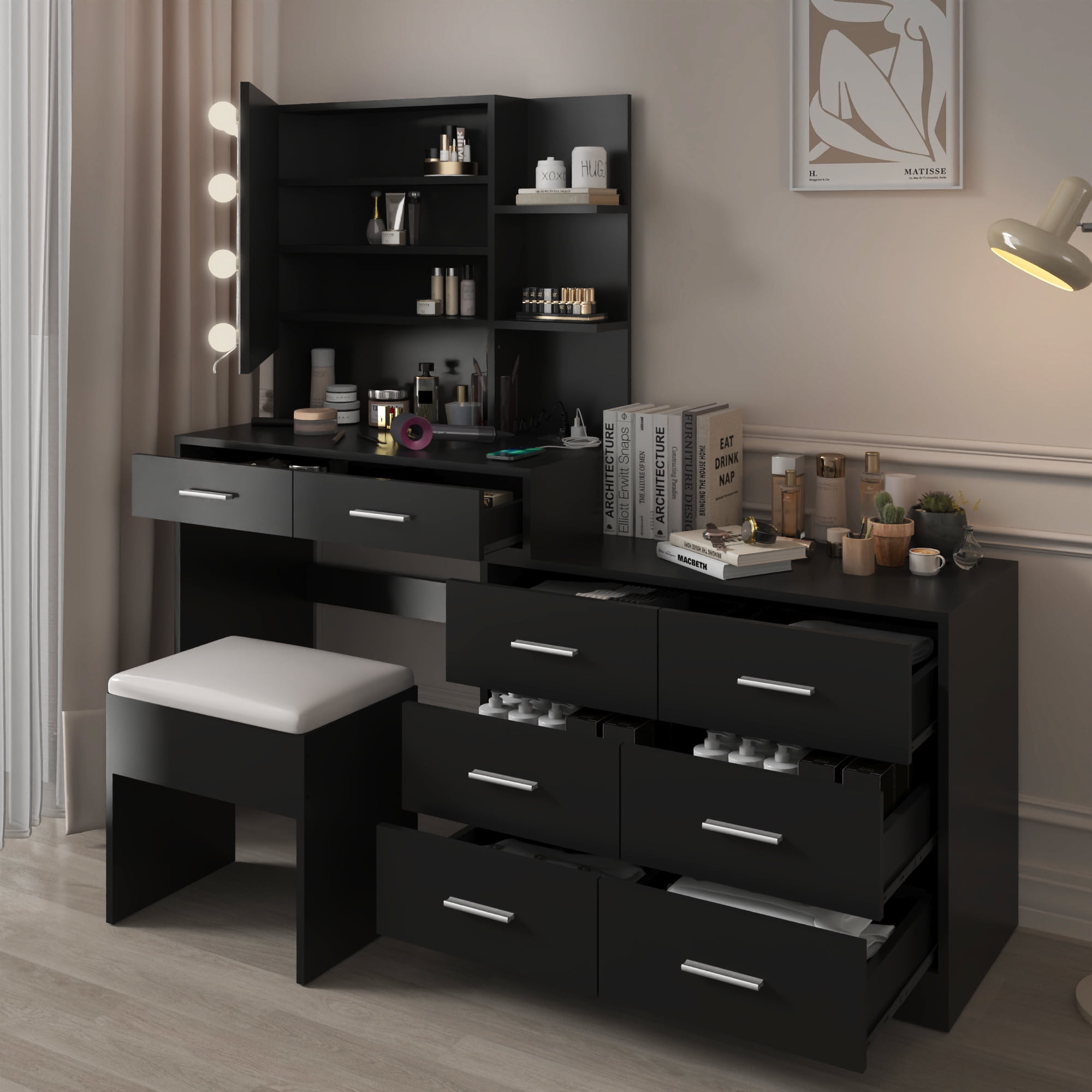 Ktaxon Makeup Vanity with 8 Drawers&Charging Station, Vanity Desk with 3 Color Light, Vanity Table Set w/ Drawer Dresser, Black